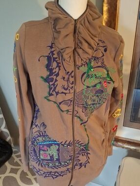 Adore Brown Ruffle Zip-Up Jacket with Multicolor Embroidery